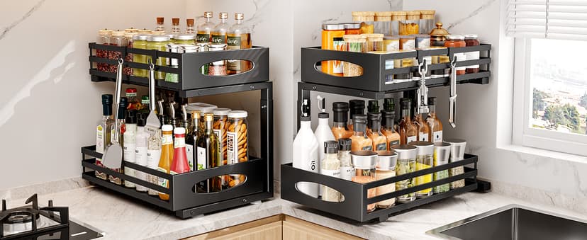 Under Sink Organizer, Pull Out Cabinet Organizers, Slide Sink Steel Shelf Cabinet Storage Shelves, Under Sink Storage for Kitchen Bathroom Cabinet (Black, 2 Pack)