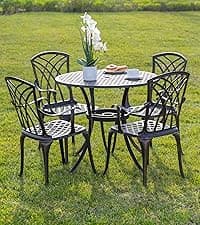 Kinger Home 5-Piece Cast Aluminum Outdoor Dining Furniture Set for 4, Round Patio Table and Chairs for 4 with Cushions, Outdoor Furniture Set with Umbrella Hole, All-Weather Patio Dining Set