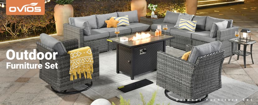 ovios 11 Piece Outdoor Patio Furniture Set with Fire Pit Table,Conversation Sectional Wicker Couch with Swivel Chairs,Modern Outside Sofa for Balcony Backyard, Dark Grey