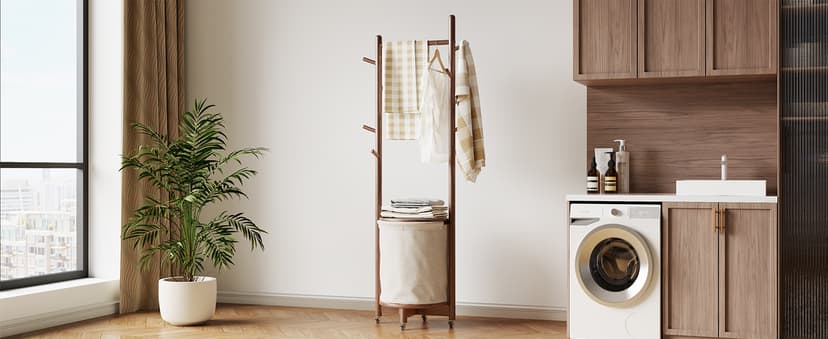 Solid Wood Coat Rack with Fabric Basket - Coat Hanger Stand Coat Tree Rack Freestanding with 9 Hooks Wheels, Small Clothes Rack For Entryway Bedroom Hallway Living Room