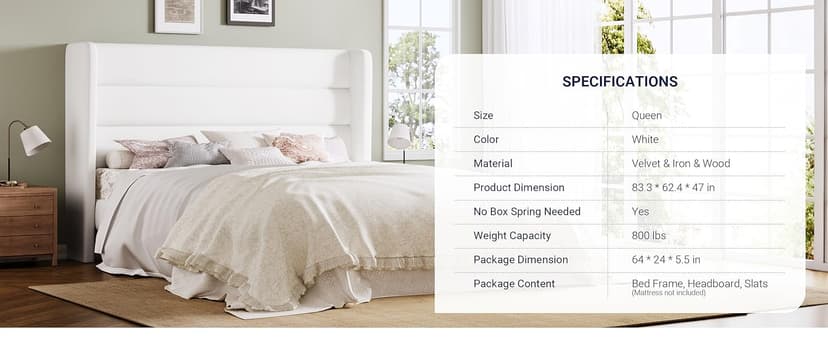 Allewie Queen Size Platform Bed Frame with Velvet Upholstered Wingback Headboard, No Box Spring Needed, Under Bed Storage Space, Strong Wooden Slats, Modern Mattress Foundation, Easy Assembly, White