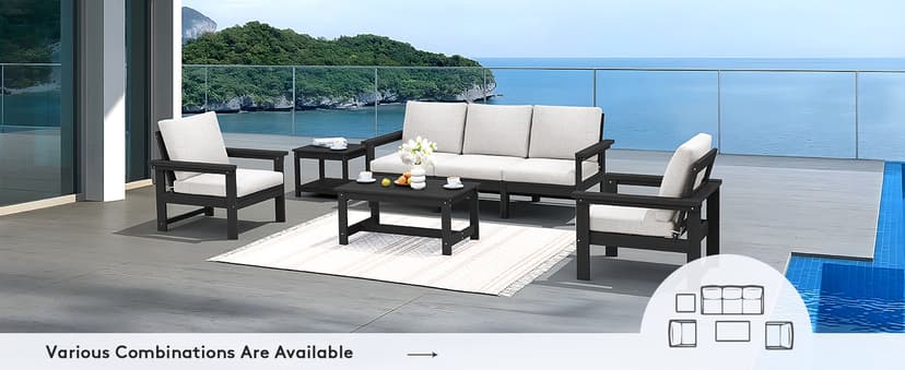 SERWALL HDPE Patio Furniture Set, 7-Piece Outdoor Sectional Sofa Set, All Weather Outdoor Couch Set for Deck, Lawn, Black Frame with Khaki Cushion
