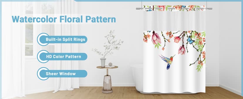 No Hook Shower Curtain with Snap in Liner - Watercolor Floral Shower Curtain - Fabric Waterproof Inner Liner, Plants Blue Beige Flowers White Cloth Shower Curtains Washable, 71 x 74 Inch