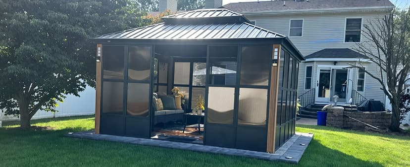 PURPLE LEAF 12' X 14' Patio Hardtop Gazebo Double Top Outdoor Screen House Aluminum Solarium Backyard Sun Room with Detachable Windows