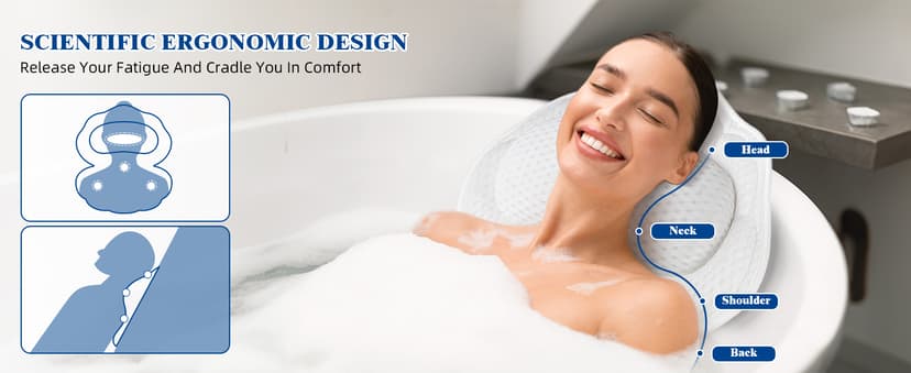 Bath Pillows for Tub, Afitton Luxury Bath Pillow Bathtub Pillow Headrest Neck and Back Support - with 4D Air Mesh Fabric & 6 Powerful Suction Cups, Ergonomic Bath Accessories Spa Gifts for Women Men