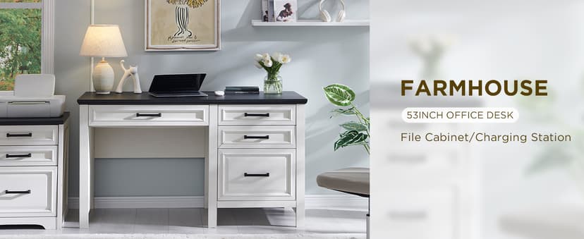 JXQTLINGMU 58" Executive Desk, Farmhouse Computer Desk with Drawers and Cabinet, Embossed Texture Home Office Desk w/Charging Station, Workspace for Work Study Writing, Off White