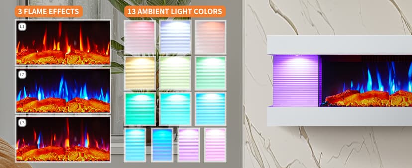 PuraFlame Alsa 44 Inch Wall Mounted Electric Fireplace All-in-One with Multi Ambient Light Colors, Remote, 1500W Heater, White