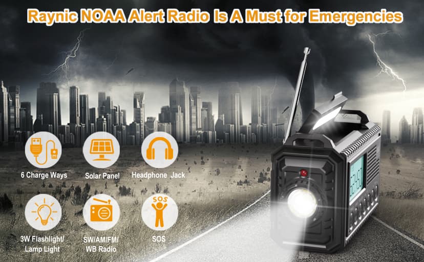 Raynic NOAA Weather Radio, 5000mAh/18500mWh Solar Hand Crank Emergency Radio, Battery Powered Portable Radio with AM/FM/SW/NOAA, Cell Phone Charger, Type-C Charging, Flashlight and SOS Siren