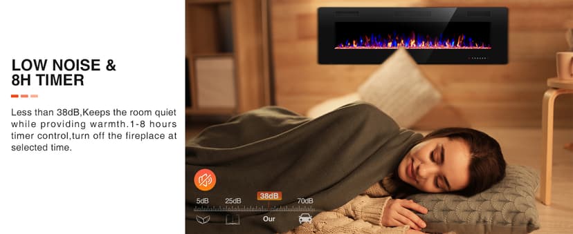 R.W.FLAME 60" Recessed and Wall Mounted Electric Fireplace, Low Noise, Fit for 2 x 6 Stud, Remote Control with Timer, Touch Screen, Adjustable Flame Color and Speed, 750-1500W