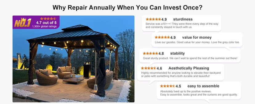 PURPLE LEAF 10' X 14' Permanent Hardtop Gazebo Aluminum Gazebo with Galvanized Steel Double Roof for Patio Lawn and Garden, Curtains and Netting Included, Grey