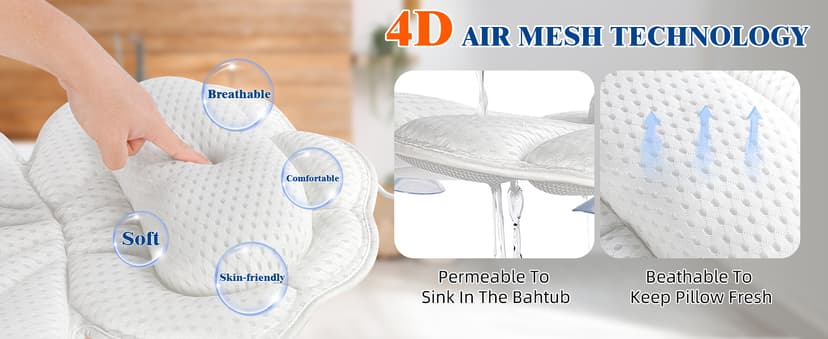 Bath Pillows for Tub, Afitton Luxury Bath Pillow Bathtub Pillow Headrest Neck and Back Support - with 4D Air Mesh Fabric & 6 Powerful Suction Cups, Ergonomic Bath Accessories Spa Gifts for Women Men