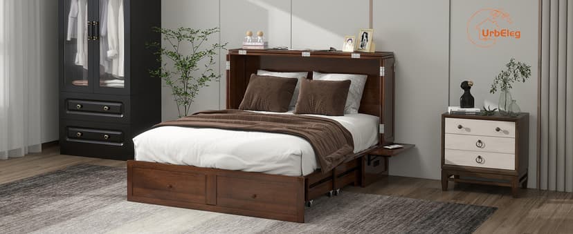 Murphy Bed Cabinet Full with Tri-Folding Mattress, Solid Wood Murphy Bed with 2 USB & 2 Charging Ports, Large Storage Drawer for Home Office or Small Space, Ebony Wood Color