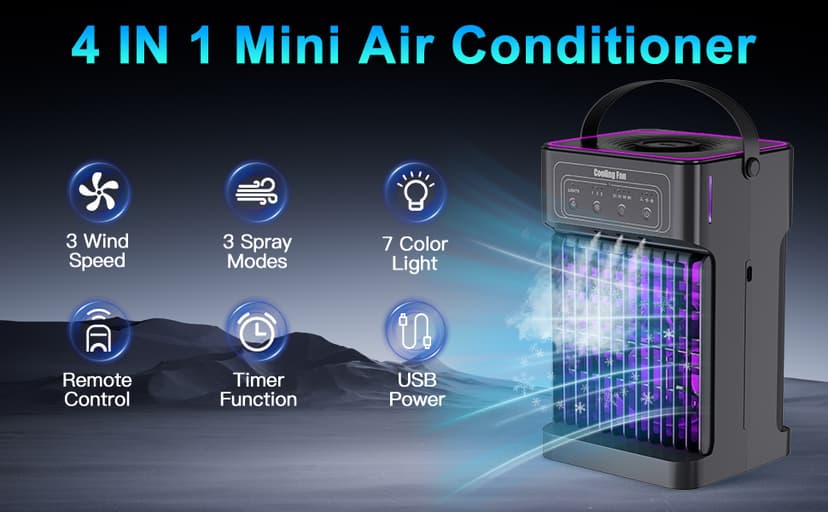 Portable Air Conditioners, 4-IN-1 Portable AC Unit with 3 Wind Speeds, 3 Spray Mode, 7 Night Light & 2-8H Timer Air Conditioner Portable,Personal Small Mini Air Conditioner Air Cooler for Room Camping
