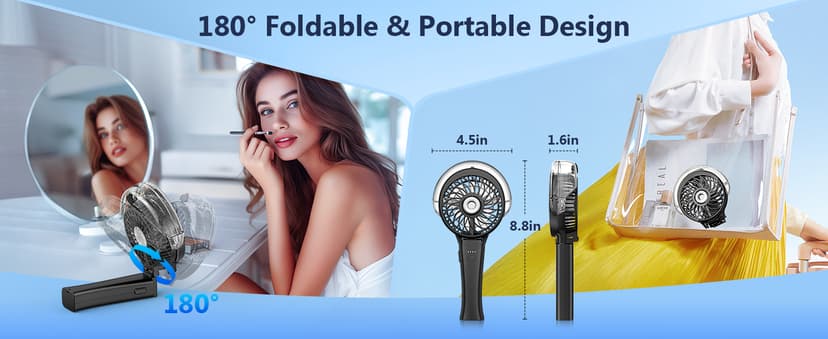 6000mAh Portable Handheld Misting Fan as Power Bank, 50ml XL Water Tank, 20H Runtime 3 Speeds, 180° Foldable Rechargeable Mist Fan for Travel, Outdoors, Makeup - Black