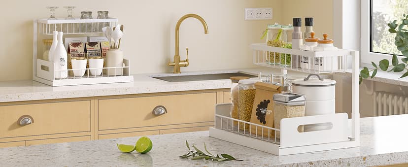 REALINN Under Sink Organizer, Pull Out Cabinet Organizer 2 Tier Slide Out Sink Shelf Cabinet Storage Shelves, Under Sink Storage for Kitchen Bathroom Cabinet, White, 1 Pack