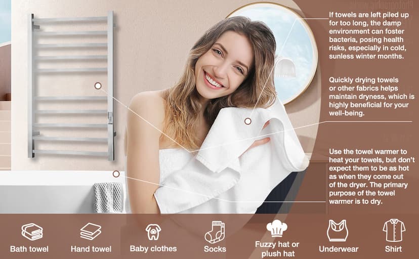 Towel Warmer for Bathroom, Heated Towel Warmer Rack Wall Mounted, 10 Bar Large Electric Hot Towel Rack with Built-in Timer, Hard-Wired & Plug-in, Fast Heating, Nickel Silver