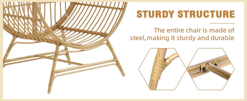 Egg Chair Outdoor Indoor, Oversized Rattan Chair with Thicken Cushion, 350LBS Capacity Wicker Patio Lounge Chair, Basket Chair for Living Room Balcony Porch Backyard, Beige