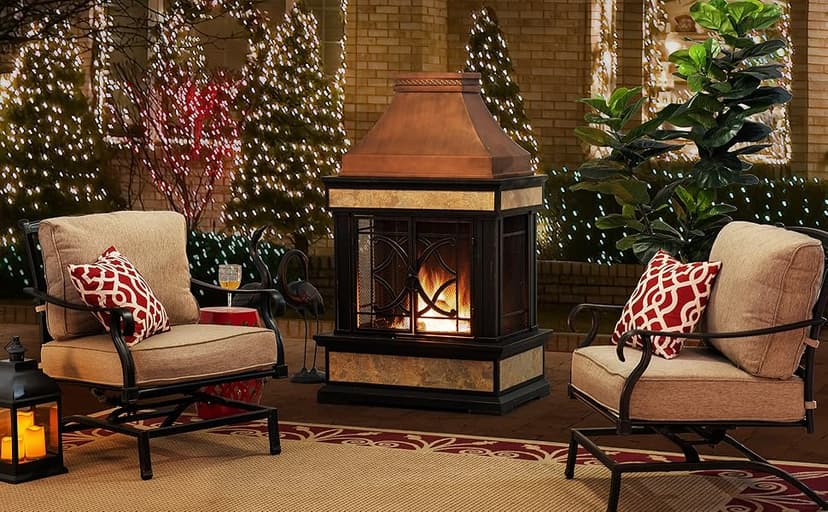 Sunjoy Outdoor Fireplace, Smith Collection Patio Wood Burning Steel Fireplace with Chimney, Spark Screen, Fire Poker, and Removable Grate, Copper with Yellow Tile