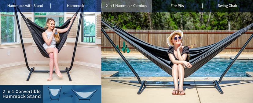 SUNCREAT Double Outdoor Hammock with Stand, Two Person Cotton Rope Hammock with Polyester Pad, Dark Gray