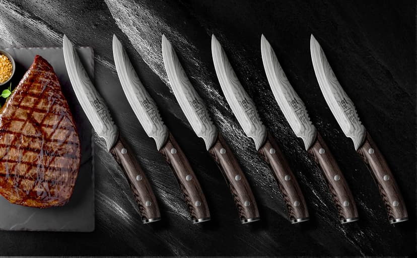 Steak Knives Set of 6, 4.8 Inch High-Carbon Japanese Stainless Steel Non-serrated Steak Knife with Wood Handle, Damascus Pattern Full Tang Design, Razor-Sharp Dinner Knives with Gift Box