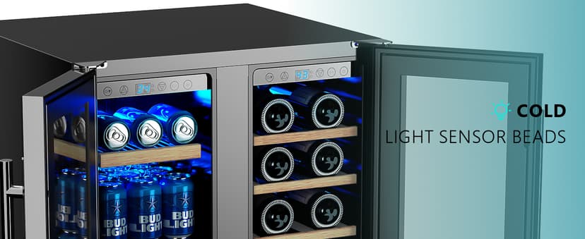 EUHOMY Wine and Beverage Refrigerator, 24 Inch Dual Zone Wine Cooler with Glass Door Hold 21 Bottles and 88 Cans, Built in or Under Counter Wine Fridge with Blue LED Light