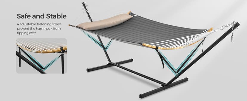 SONGMICS Hammock with Stand, Quilted Hammock with Curved Bamboo Spreaders, Pillow, 78.7 x 55.1 Inches, Portable Padded Hammock Holds up to 440 lb, Black and Gray UGHS002G01