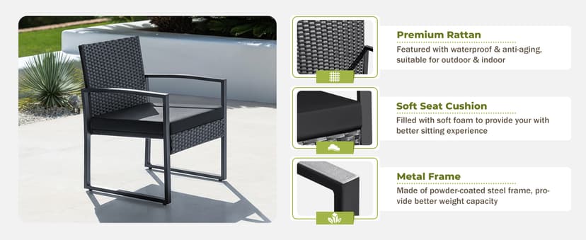 Flamaker 3 Pieces Patio Set Outdoor Wicker Furniture Sets Modern Rattan Chair Conversation Sets with Coffee Table for Yard and Bistro (Black)