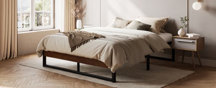 SHA CERLIN 14 Inch Queen Size Metal Platform Bed Frame with Wooden Headboard and Footboard, Mattress Foundation, No Box Spring Needed, Large Under Bed Storage, Non-Slip Without Noise, Black Oak