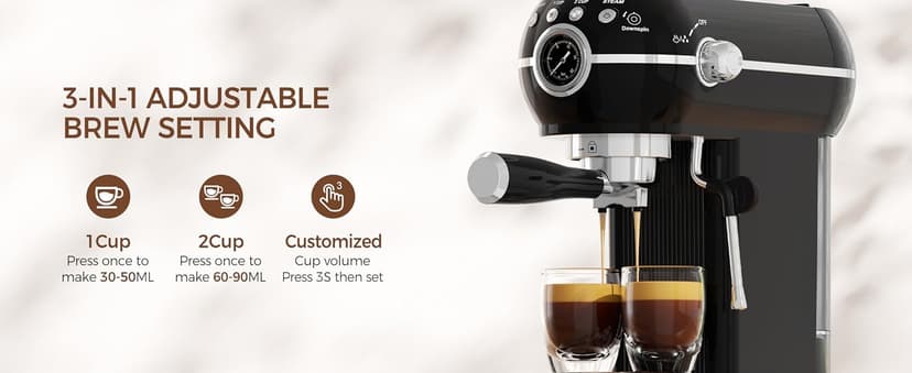 Espresso Machine with Milk Frother, 20 Bar Espresso Maker for Latte and Cappuccino, Expressions Coffee Machine with Removable Water Tank (Glossy dark)
