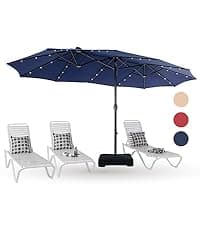 PHI VILLA 15ft Large Patio Umbrellas with Base Included, Outdoor Double-Sided Rectangle Market Umbrella with Stand, Outside Umbrellas for Poolside Lawn Backyard, Beige