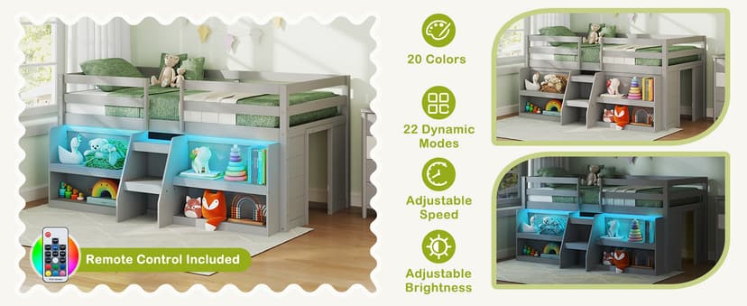 Giantex Low Loft Bed with LED Lights, Wooden Loft Bed Twin Size with Stairs & Safety Guardrail, Loft Bed for Kids with Storage Bookcase and Under-Bed Play Space, Grey