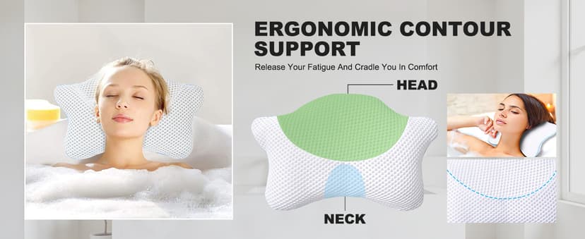 Non Slip Bath Pillow, Luxury Spa Bathtub Head & Neck Rest Support, Permeable Quick Drying Air Mesh Tub Pillow with 4 Large Suction Cups, Fits Any Tubs, Soft and Relaxing