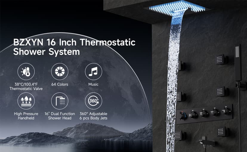 Smart Shower System with Body Jets, Black Shower Head and Handle Set,16" Ceiling Mount Rainfall Waterfall Shower Jets System with Tub Spout,Thermostatic Shower System Bathroom with Music and Led Light