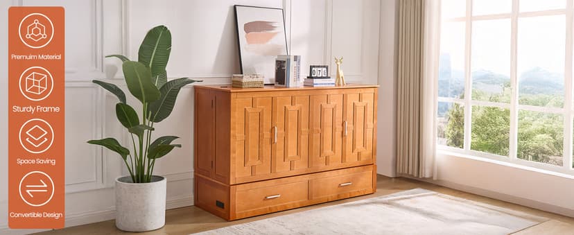 Queen Murphy Bed with Tri-Folding Mattress, Space-Saving Queen Size Wall Bed Built-in Charging Station, Foldable Murphy Bed Cabinet with 2 Storage Drawers for Bedroom, Guest Room, Cherry