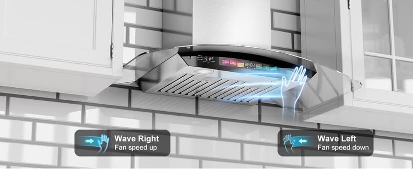 30 inch Wall Mount Range Hood Tempered Glass 900 CFM, Voice/Gesture/Touch Control, Stainless Steel Kitchen Hood Vent with 4 Speed Exhaust Fan, Adjustable Lights, Memory Mode