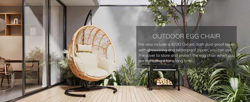 Oversized Hanging Egg Chair Outdoor Indoor, Wicker Swing Egg Chair with Stand 400lbs Capacity for Bedroom, Patio, Garden and Balcony (Beige-nest, Oversize)