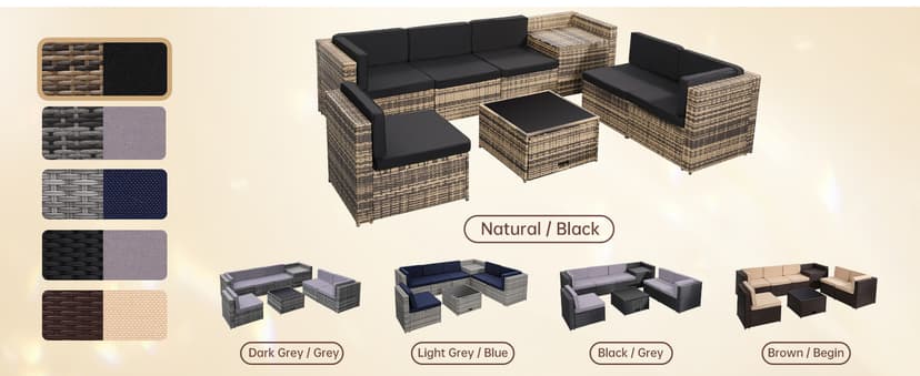 8 Pieces Outdoor Wicker Rattan Patio Furniture Sectional Set, Glass Top Table with Hidden Storage, 7 Sofa Sections, Oversized Cushions, Natural Color Rattan with Black Cushion
