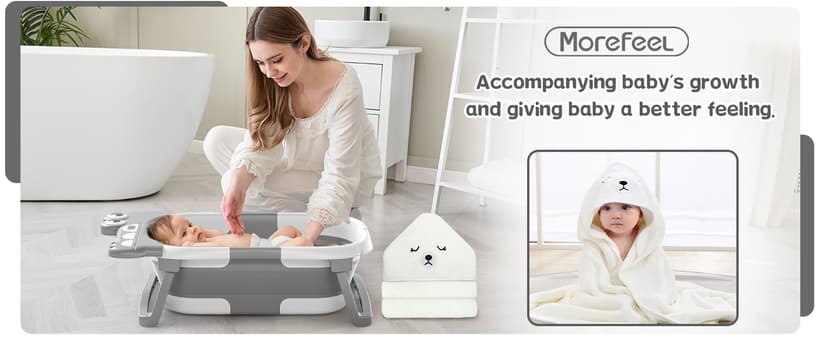 MoreFeel Collapsible Baby Bathtub for Newborn with Thermometer & 1 Hooded Towel & 1 Soft Floating Cushion,Portable Travel Bathtub with Drain Hole, Durable Foldable Baby Tubs for Infants to Toddler