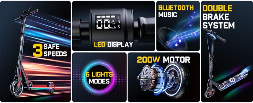 FanttikRide T9 Apex Electric Scooter for Kids 4.3-5.6 ft, 200 W Motor, LED Colorful Lights with Bluetooth Music Speaker, 7/10/12 MPH Digital Display, Adjustable Height, Foldable, Up to 40 mins