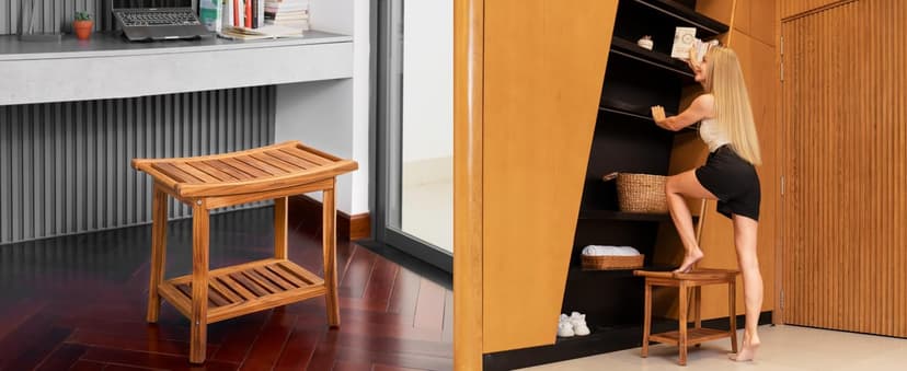 Premium 22" Teak Shower Bench with Handles, Waterproof Teak Shower Stool, Wooden Stool for Bathroom, Teak Wood Shower Bench Stool Seat Chair for Shower Storage Shelf, 300 Lbs Capacity