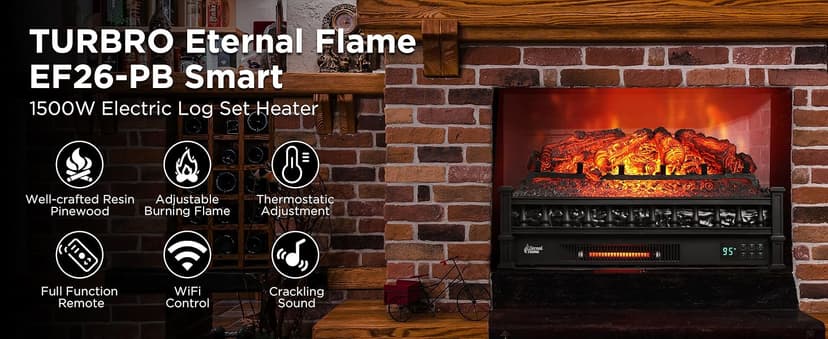 TURBRO Eternal Flame 26 in. WiFi Infrared Quartz Electric Fireplace Log Heater with Sound Crackling, Realistic Pinewood Logs, Adjustable Flame Colors, Remote Control, Thermostat, Timer, 1500W Black