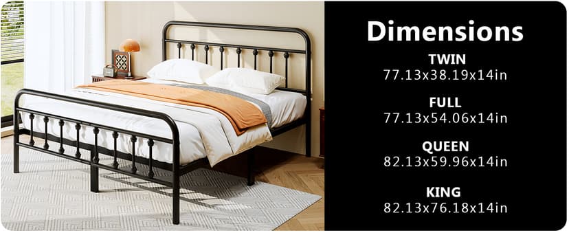King Size Metal Platform Bed Frame/Victorian Style Headboard and Footboard/Steel Slat Support/Easy Assembly/No Box Spring Needed/Underbed Storage/Noise Free/Black