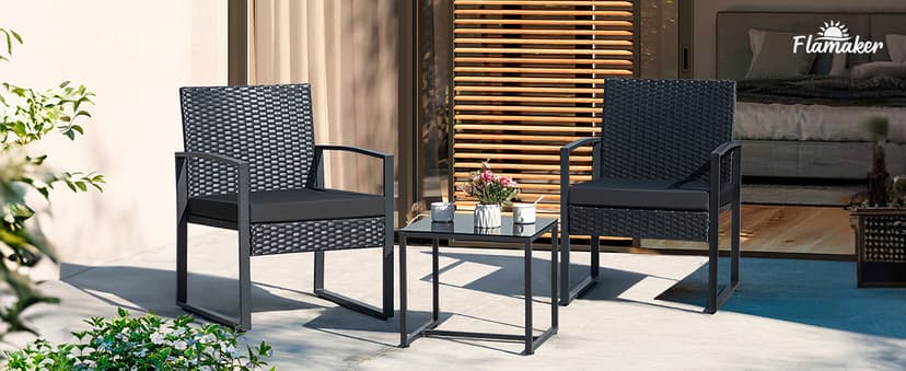 Flamaker 3 Pieces Patio Set Outdoor Wicker Furniture Sets Modern Rattan Chair Conversation Sets with Coffee Table for Yard and Bistro (Black)