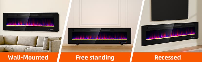 Electric Fireplace-72 inch Fireplace Wall Mount/Recessed/Free Standing-Ultra Thin Wall Fireplace Electric with Remote Control, Timer, Double Heat Vent, 750w/1500w
