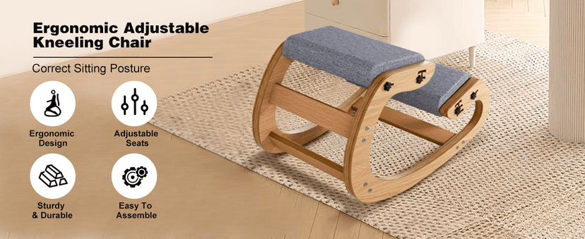 Ergonomic Kneeling Chair with Wooden Frame - Adjustable Height Office Chair with Soft Padding for Back Pain Relief, Posture Correcting Home & Office Desk Chair