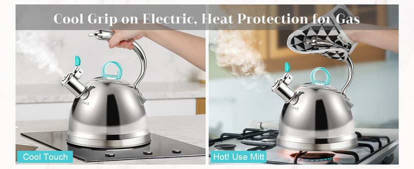 Harriet Tea Kettle Stovetop, 2.5 Quart Whistling Stainless Steel Tea Pot, 3-Layer Base, Unique Ergonomic Handle, Includes Pot Holder & Mat, Electric/Induction/Gas Stovetops Applicable, Mirror Finish