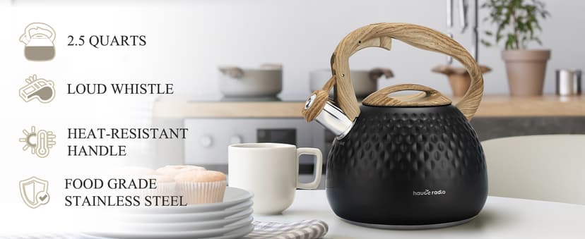 Tea Kettle Stovetop,2.5QT Stainless Steel Whistling Teapot for Stove Top Aesthetic,Portable Water Kettles Camping with Anti-hot Silicone Handle,Suitable for All Heat Sources,Black