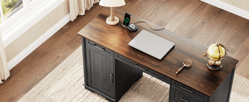 56" Large Modern Executive Desk, Farmhouse Computer Desk with File Drawers, Wood Home Office Desks with Charging Station, Adjustable Shelf, Storage Cabinet, for Writing Work Study (Black)