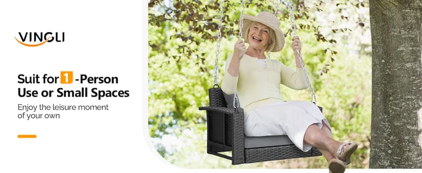 VINGLI 2.2 FT 1-Person Use Rattan Porch Swing Outdoor Support 440 LBS with Cushions & Adjustable Chains, Patio Wicker Swing Bench Chair for Garden, Yard, Lawn, Tree, Black