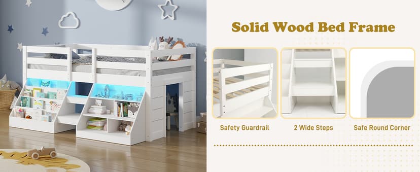 Twin Size Low Loft Bed with Stairs for Kids, Wooden Twin Loft Bed with LED Light & Safety Guardrail & Bookcase & Under-Bed Play Space, White